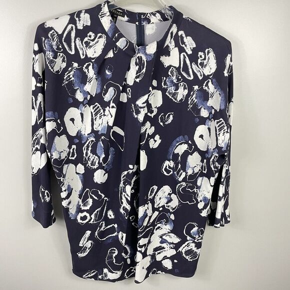 Escada Blouse Top Womens Size US 10 EU 40 Mock Neck Back Zip Navy White Stretch - Picture 1 of 11